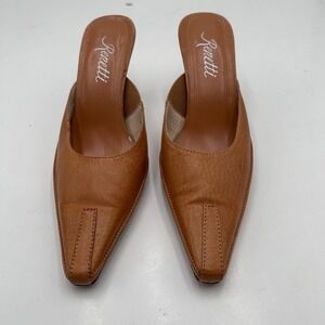 Renetti Women Tan Leather Pointed Toe Kitten Slip on Heel Mules Size 6